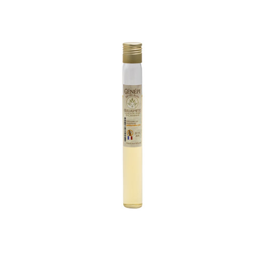 Tube de 2 cl de Génépi Authentique Guillaumette, 40% vol, médaillé d’or au Concours Général Agricole 2024, personnalisable.