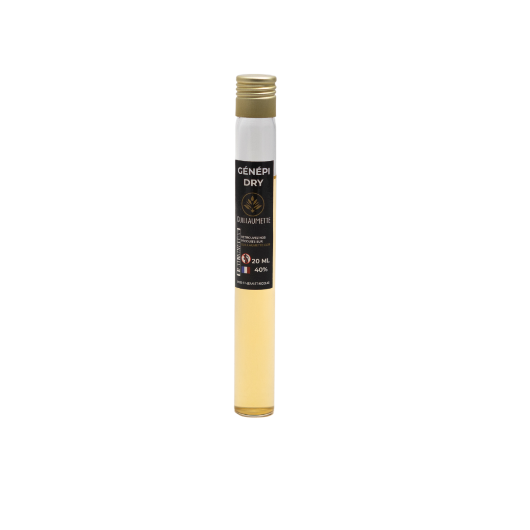 Tube de 2 cl de Génépi DRY Guillaumette, 40% vol, médaillé d’argent au Concours Général Agricole 2023, personnalisable.