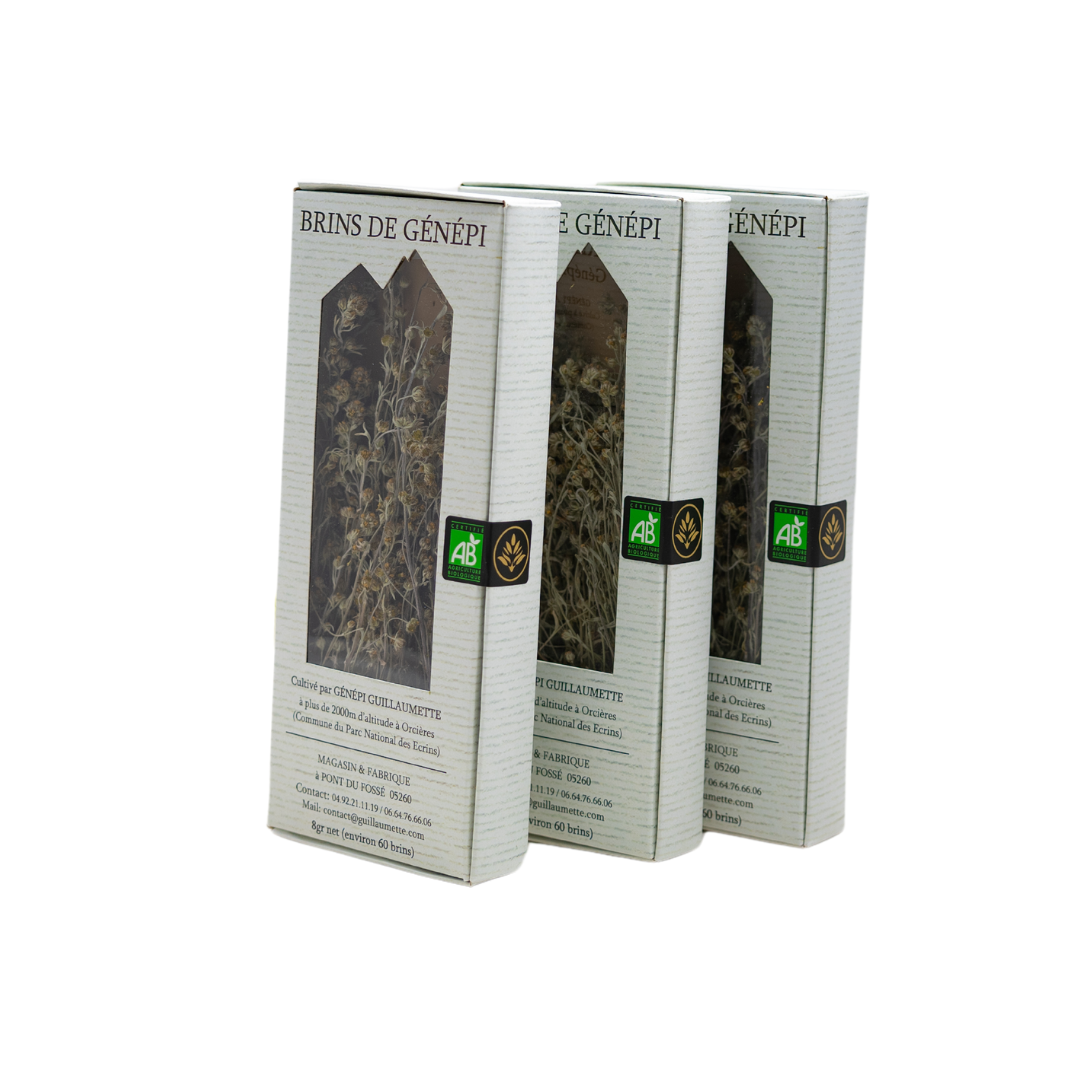 Pack de 3 boîtes de brins de génépi bio Guillaumette, cultivés et cueillis à la main dans les Hautes-Alpes