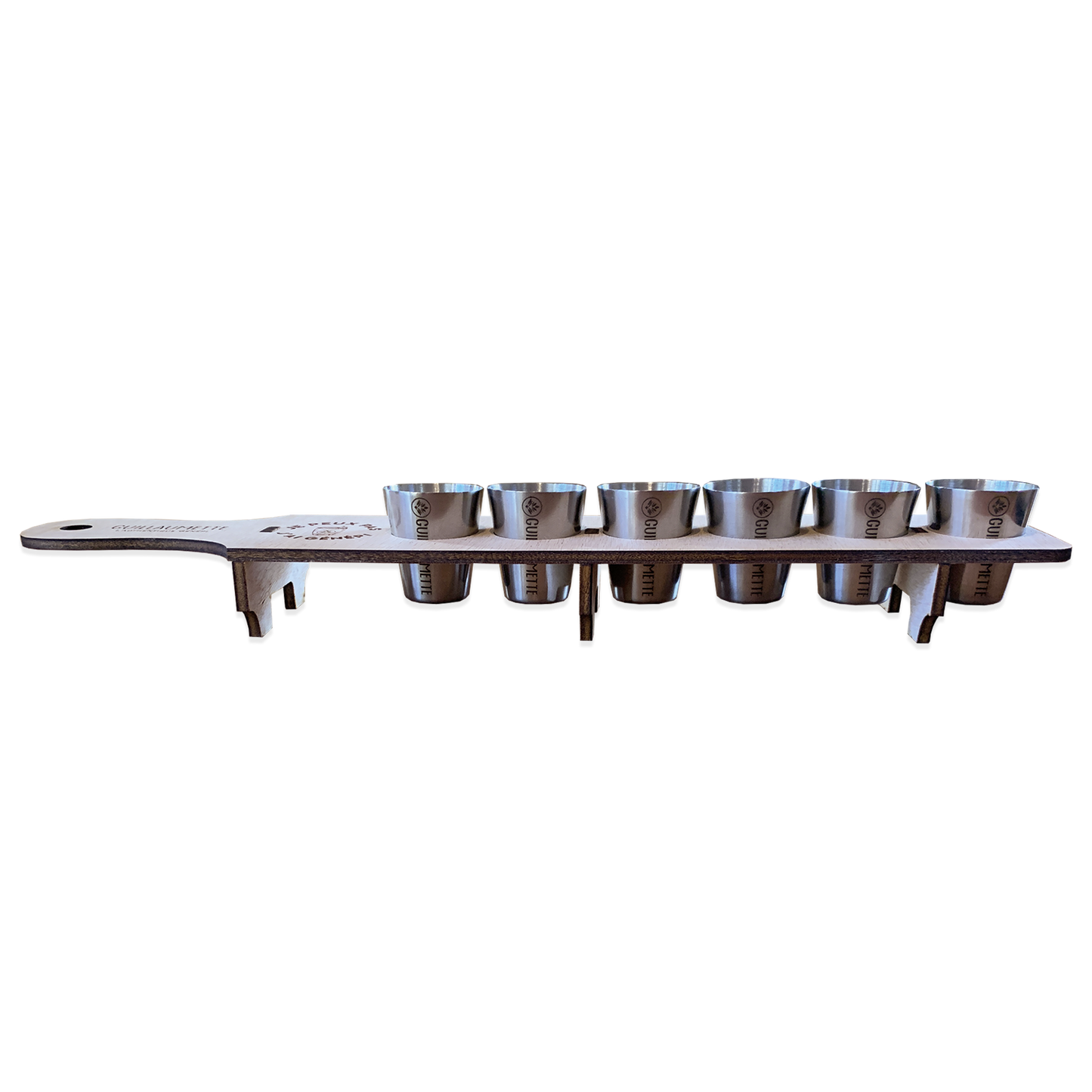 Planche à shot artisanale en bois avec 6 verres à shot en inox gravés Guillaumette.