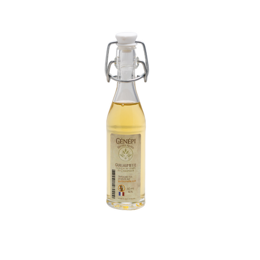 Mignonette de 5 cl de Génépi Authentique Guillaumette, 40% vol, médaillé d’or au Concours Général Agricole 2024, personnalisable.
