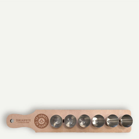 Shot board with 6 stainless steel glasses