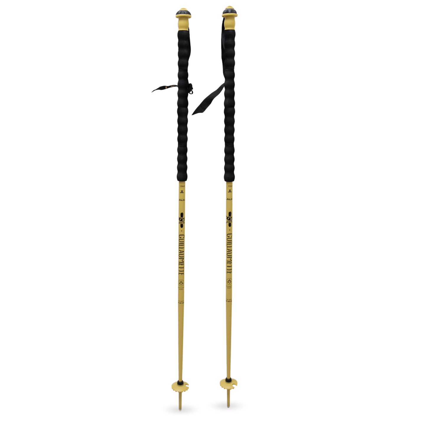 Paire de bâtons de ski Lacal dorés avec réservoir de génépi intégré de 2 cl par bâton, collaboration avec Guillaumette et ski center orcieres