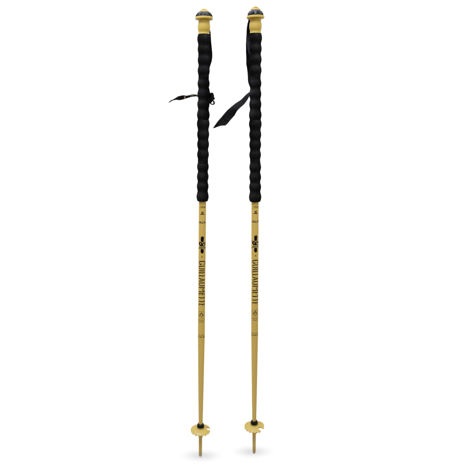 Paire de bâtons de ski Lacal dorés avec réservoir de génépi intégré de 2 cl par bâton, collaboration avec Guillaumette et ski center orcieres