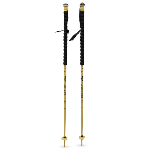 Paire de bâtons de ski Lacal dorés avec réservoir de génépi intégré de 2 cl par bâton, collaboration avec Guillaumette et ski center orcieres