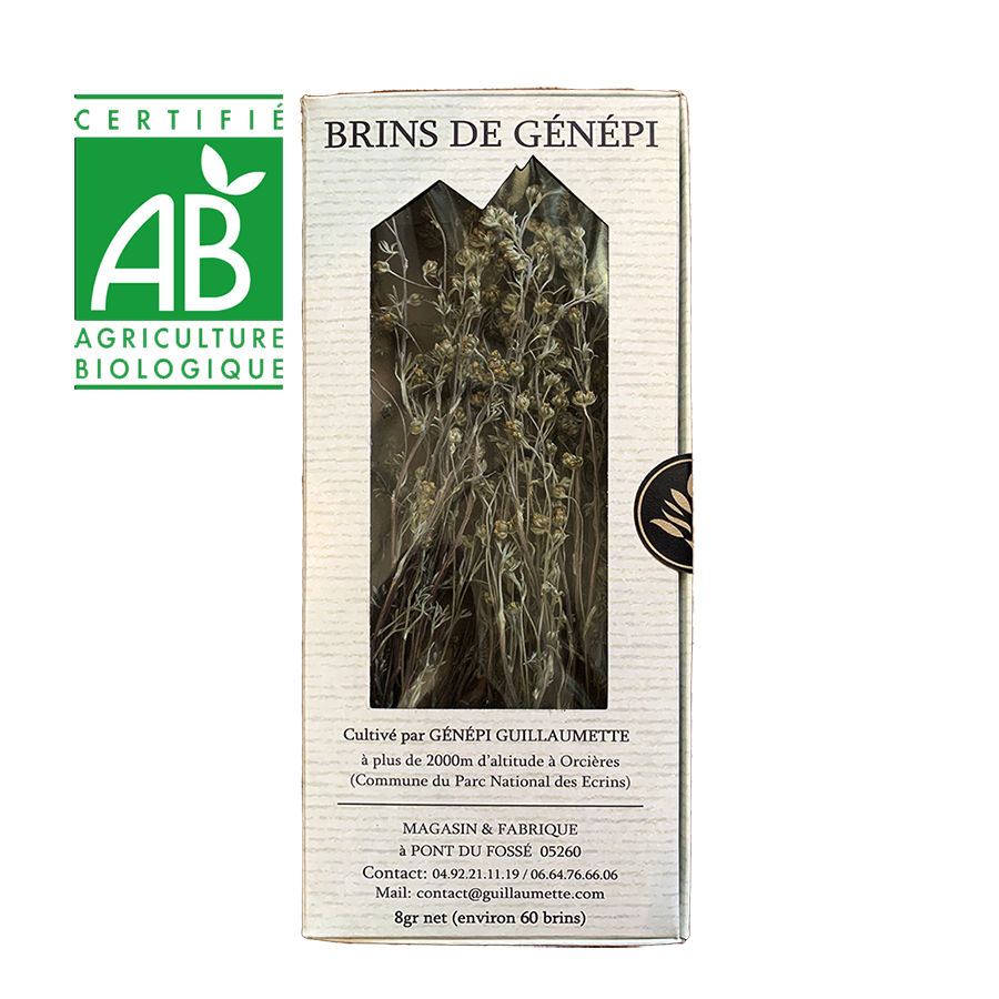 Pack de brins de génépi bio Guillaumette avec visuel du label AB, cultivé à plus de 2000 mètres d’altitude à Orcières