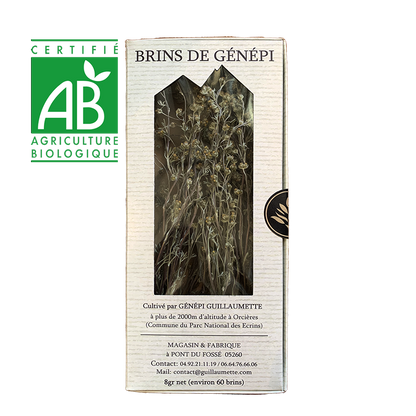 Pack de brins de génépi bio Guillaumette avec visuel du label AB, cultivé à plus de 2000 mètres d’altitude à Orcières