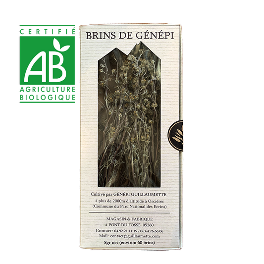 Pack de brins de génépi bio Guillaumette avec visuel du label AB, cultivé à plus de 2000 mètres d’altitude à Orcières