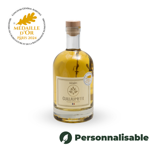 Bonbonne de 70 cl de Génépi Authentique Guillaumette, étiquette crème, bouchon bois, personnalisable, médaille d’or 2024