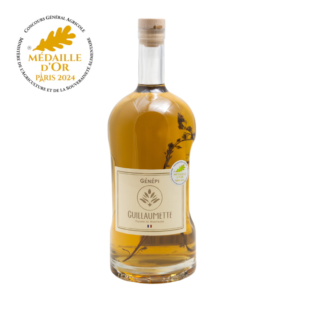 Magnum 1,5 L de Génépi Authentique Guillaumette, étiquette crème, bouchon bois, médaille d’or 2024